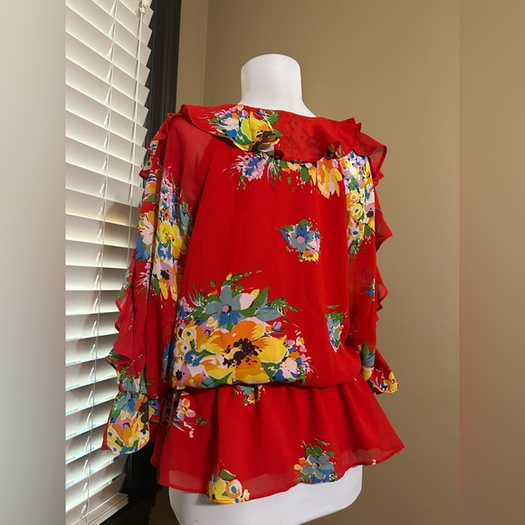 Lauren Ralph Lauren Red Floral Ruffle Blouse - Picture 3 of 4